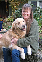Jennifer Bondley, Golden Bond Rescue of Oregon Founder, and Bogey.